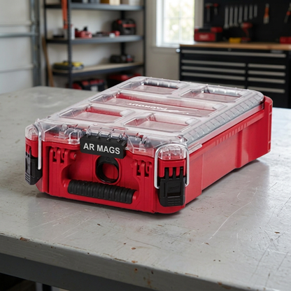 PACKOUT 8435 with AR MAGS label on a realistic garage workbench